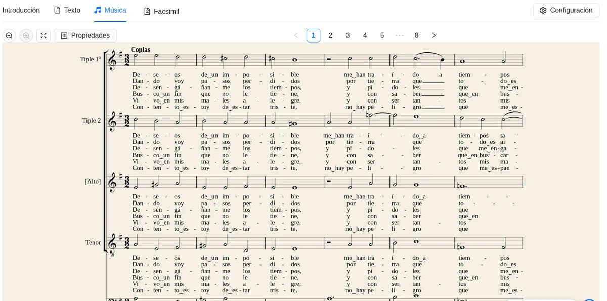 El tono «Deseos de un imposible» en la edición digital del Cancionero de Miranda.