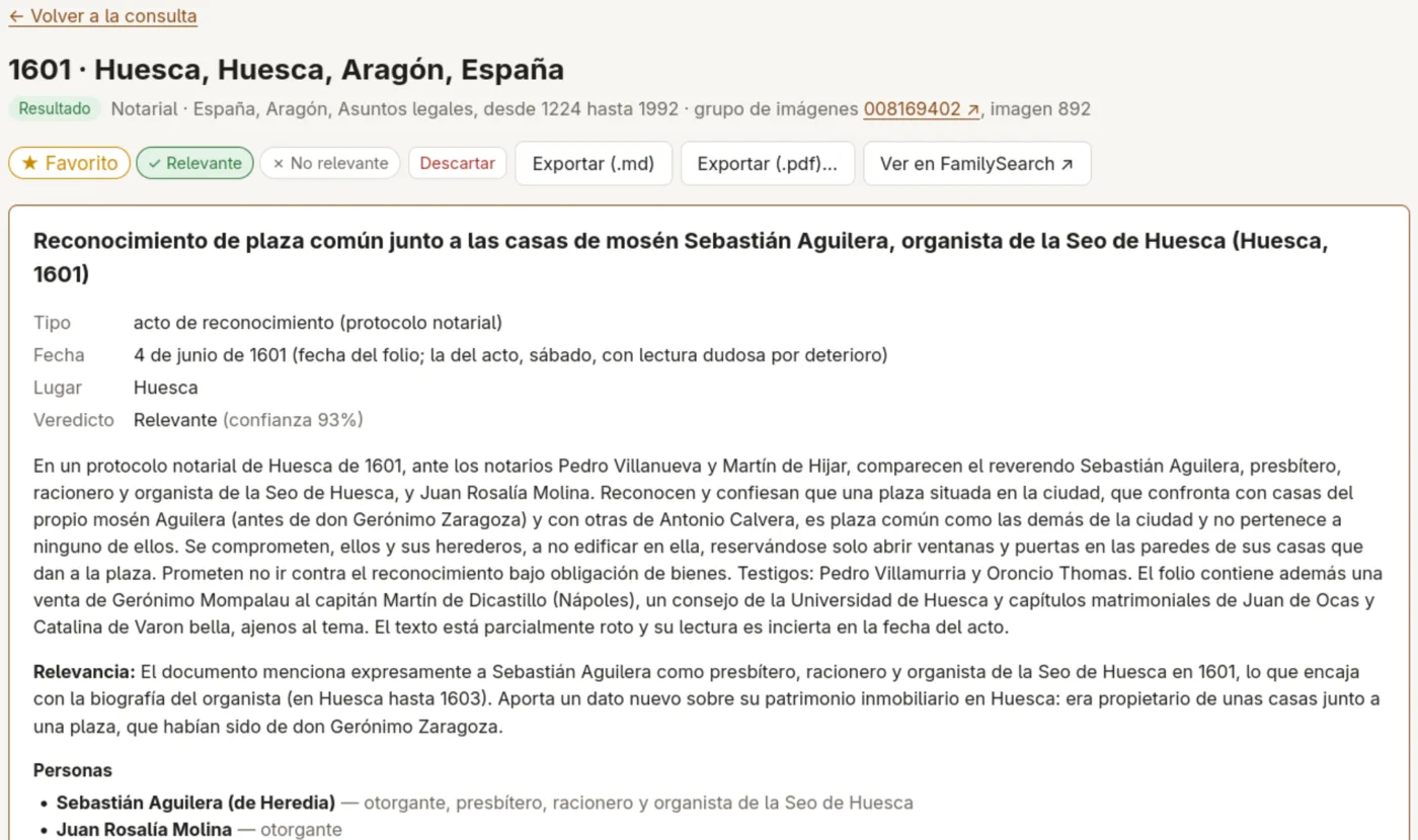 Ficha de un protocolo notarial de Huesca de 1601 redactada por Criba, con su veredicto.